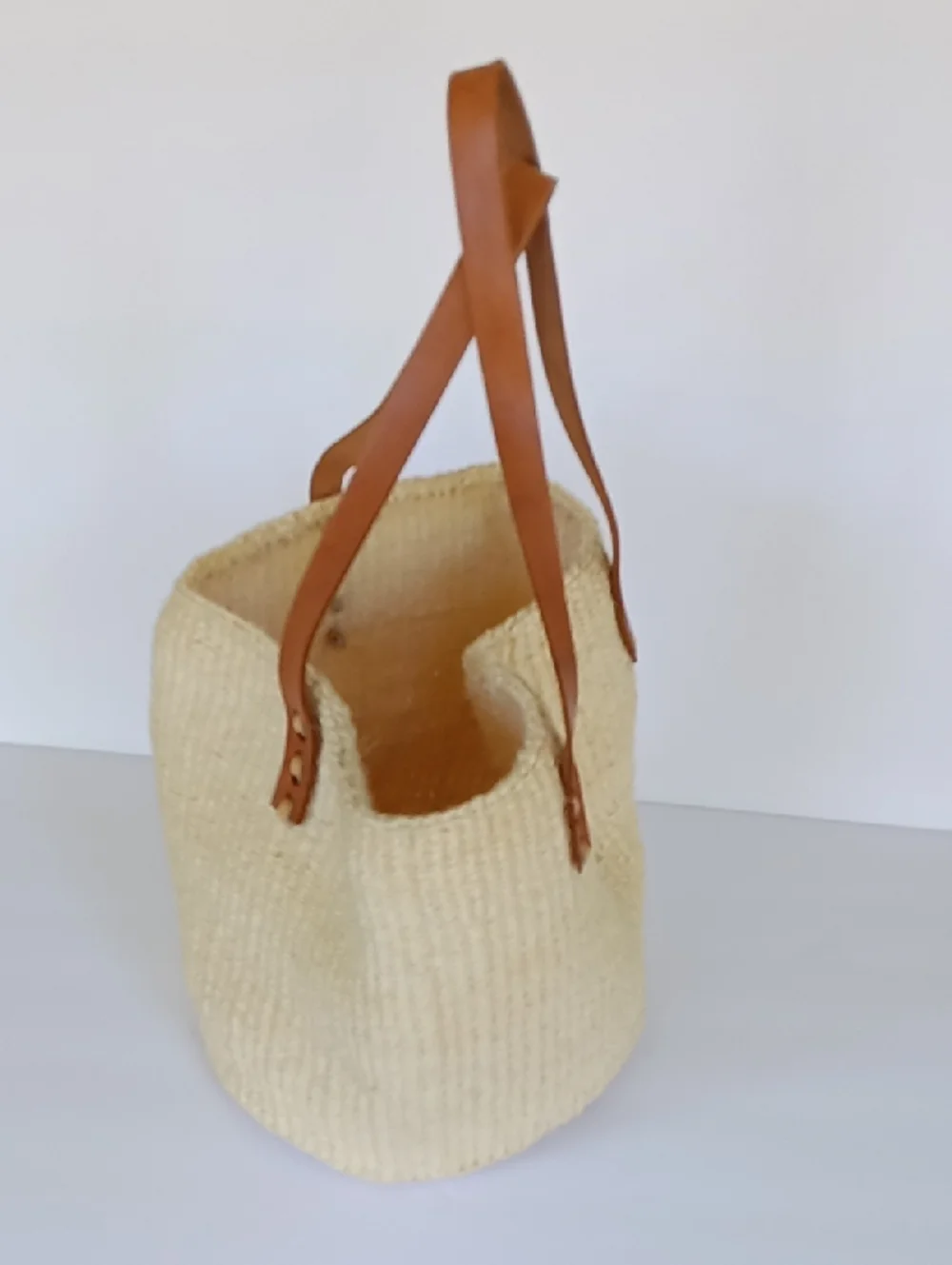 Handwoven Sisal Kenyan Kiondo Market Basket Bag Leather Handles